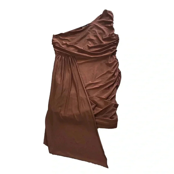 Misguided Rust Brown Ruched Asymmetrical One Shoulder Mini Dress Womens Size 10 - Picture 1 of 8